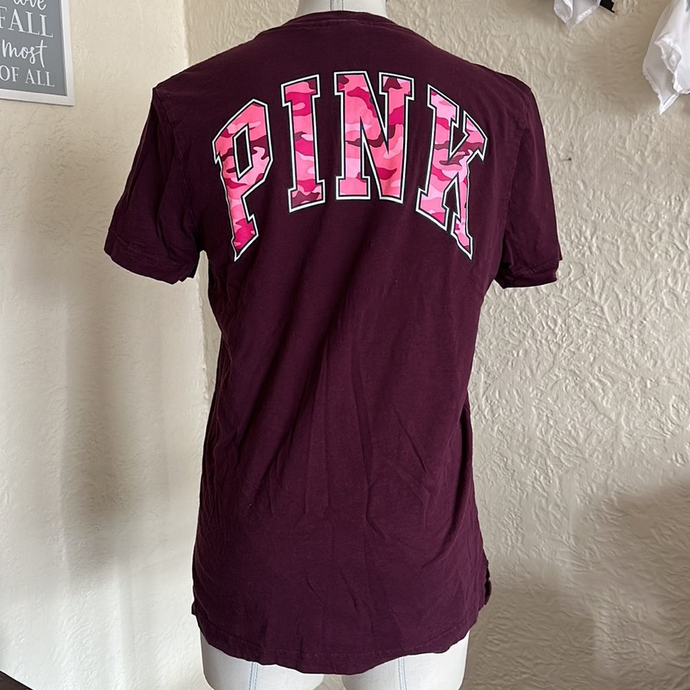 Victoria’s Secret Pink Burgundy Wine Pink Camouflage Dog Logo Pocket Tee Shirt S
